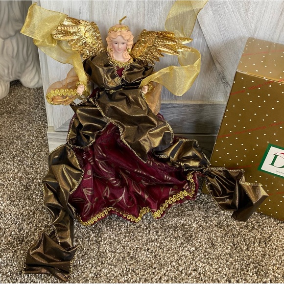 Vintage Dillards Porcelain Flying Angel Christmas Ornament 10” Maroon Gold - Picture 5 of 8